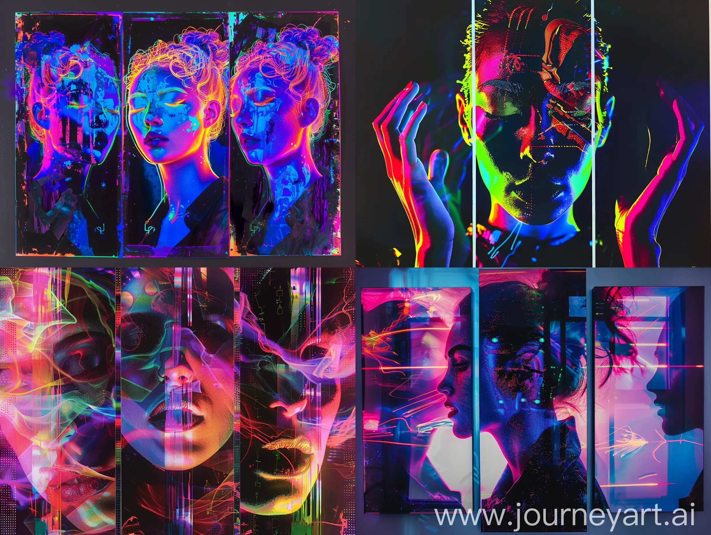 Shifting spectra, mixed multimedia portrait photography in retro-glitch art style, distorted graphics, spectacular neon lighting, additional contrast, cinematic risograph on three panels