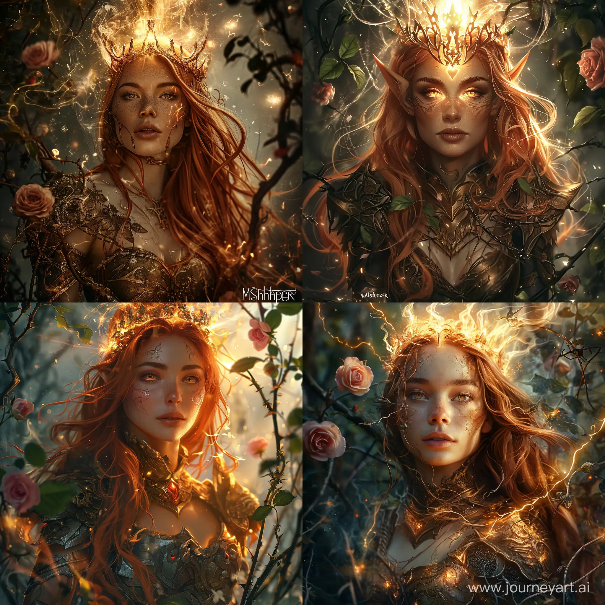 ultra detailed druid goddess with a crown made out of pure light, kind-hearted with a penetrating gaze, golden glow, extremely detailed and beautiful face, gorgeous body, soft copper-colored hair, she wears druid armor, ethereal, magical glow, fantasy art by Mschiffer, ultra sharp focus, ethereal glowy smoke, light particles, roses and vines, brambles