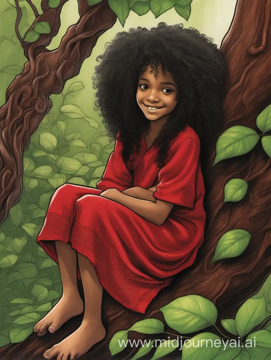 13 year old girl, alone, smiling, light brown skin, big black curly hair, small green lizard sits in her hair, she is covered with a red piece of cloth, no shoes, she sits leaning on the dark red trunk of an enourmous tree, flowers and green plants grow around her and the tree