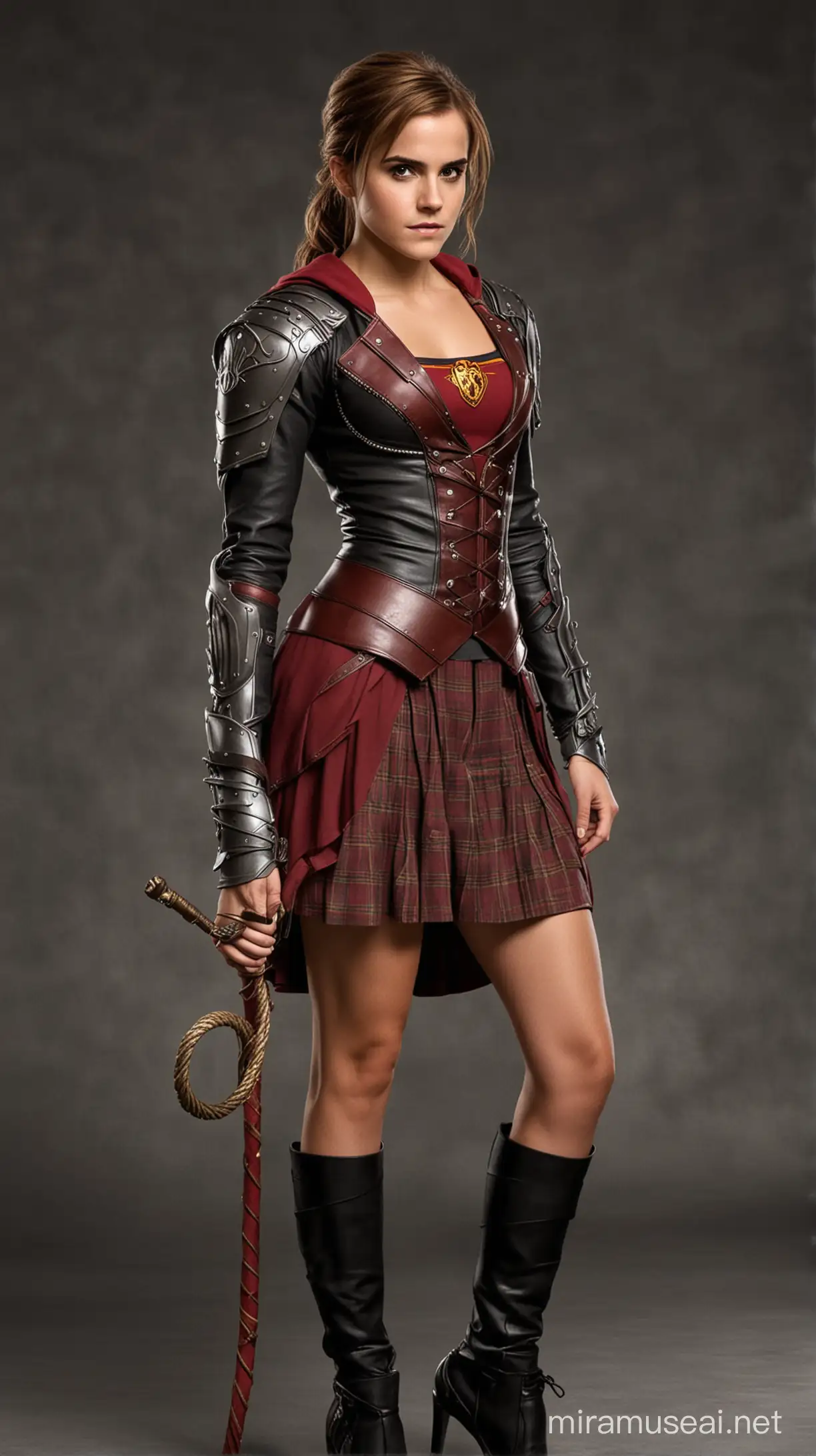 Emma Watson with muscles in a gryffindor bikiarmor, short skirt,  holding a bullwhip