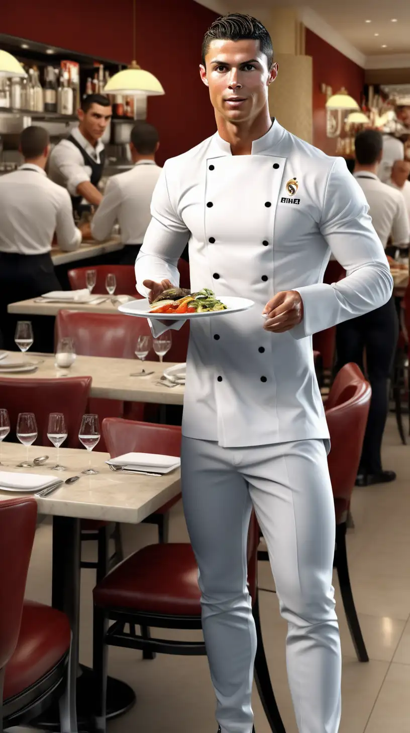Full body, Cristiano Ronaldo as waiter in the restaurant, restaurant background, customers, realistic, ar 2: 1 --v 5