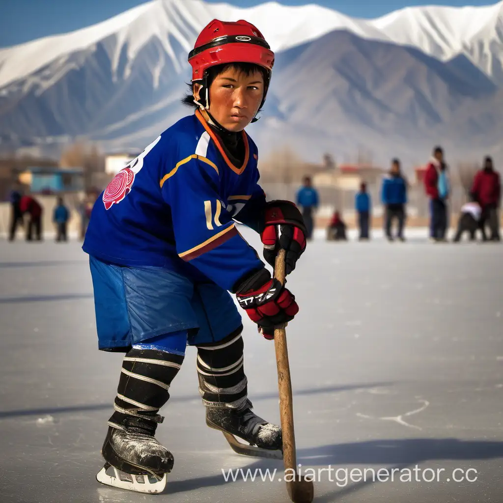 Кыргызский мальчик хоккеист с самодельной клюжкой