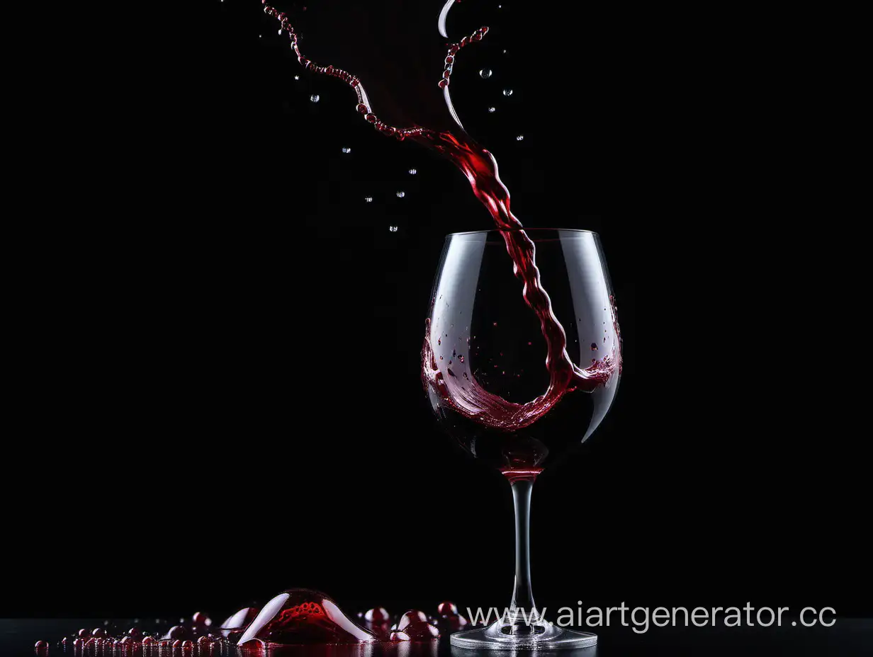 прозрачный бокал лежит 
в полном размере с красным вином, брызги вина, капли вина на черном фоне фотография