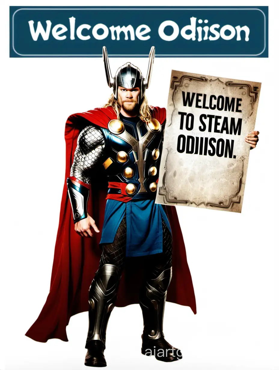 Thor holds a poster with the inscription "Welcome to Steam odinson"