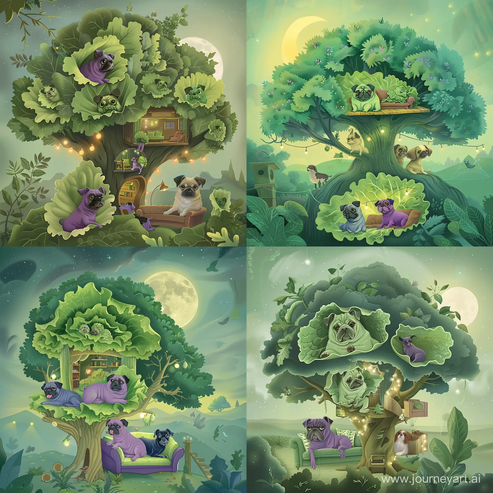 grumpy green lettuce pug dogs, with purple greyhound and periwinkle brussels griffon, all dogs inside a large tree house, tree house in cross section with interiors shown, one dog sites on a couch, soft night with moon in the background, misty background, lights in the tree, soft foliage, seafoam green, illustration