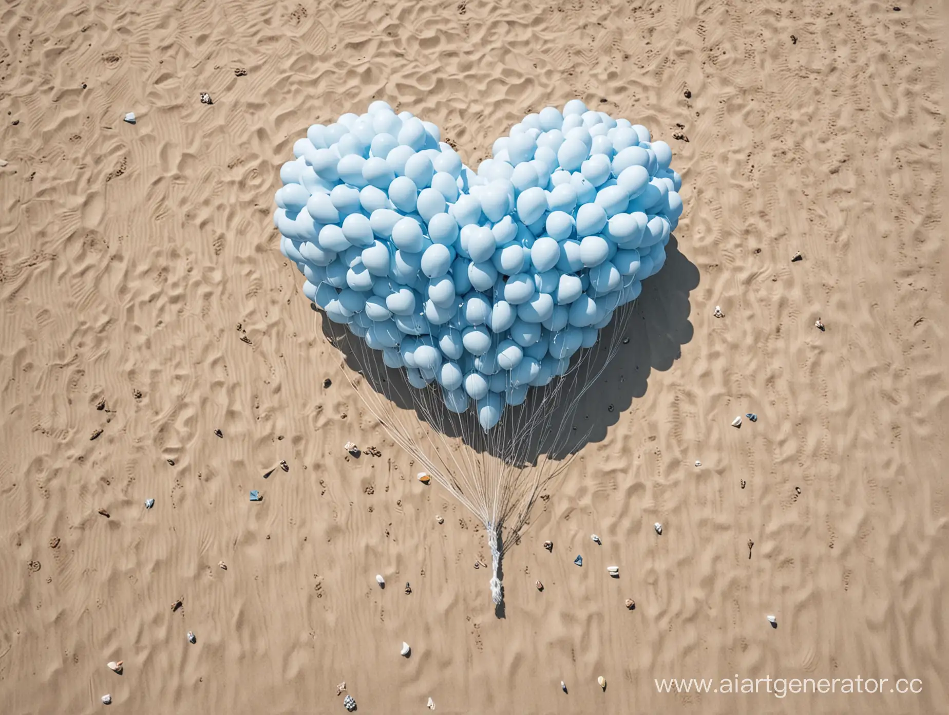 нарисуй фигуру в форме сердце из воздушных шаров бело-голубых оттенков, которое парит на пляже.