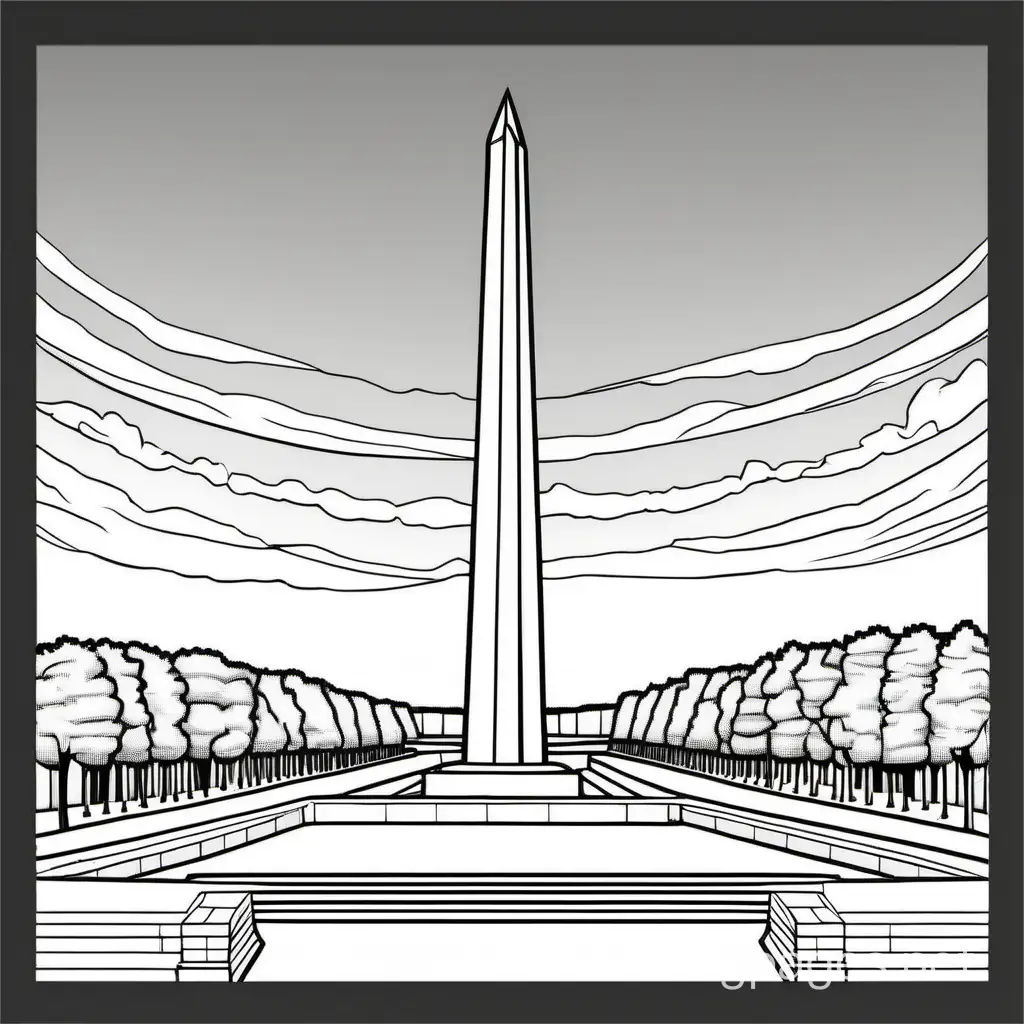 washington monument, Coloring Page, black and white, line art, white background, Simplicity, Ample White Space. The background of the coloring page is plain white to make it easy for young children to color within the lines. The outlines of all the subjects are easy to distinguish, making it simple for kids to color without too much difficulty