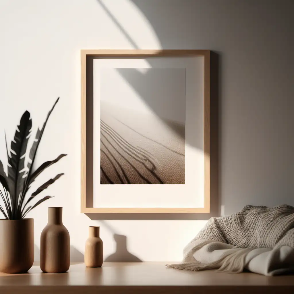 photo realistic of thin wooden frame mockup, home decor interior, cozy boho living room, 4K, natural lighting, window shadow overlay, scandinavian style, close up focus on frame