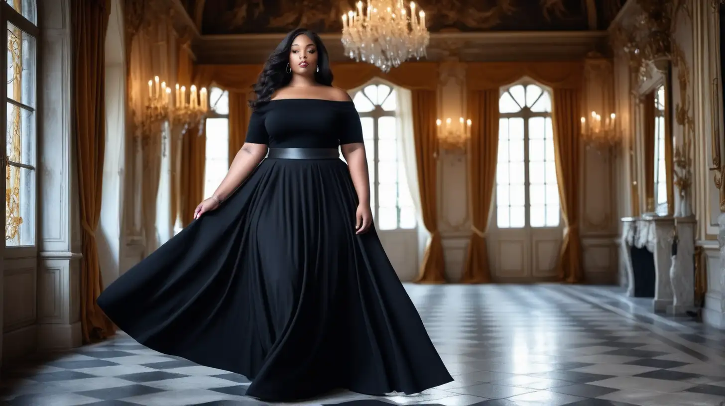 Elegant Black Plus Size Model in Flared OffShoulder Dress Luxury Winter Castle Photoshoot
