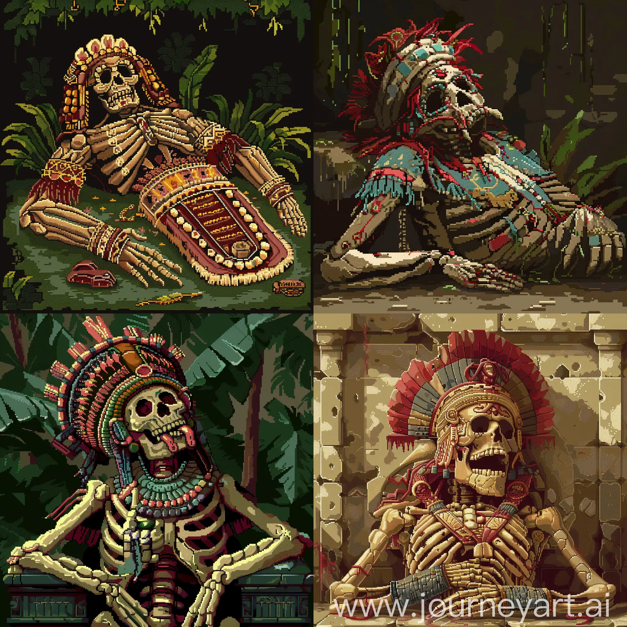the animated corpse of a large ancient king who ruled in Latin America 700 AD in the style of pixel art

