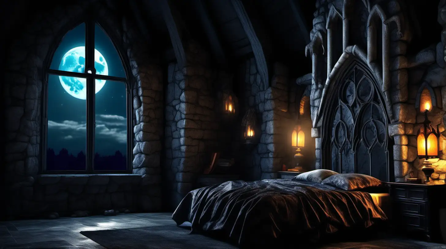 A bedroom in a gothic castle at night, large stone fireplace, window looking out onto a full moon. Full color, highly detailed, cinematic lighting, photographic quality.