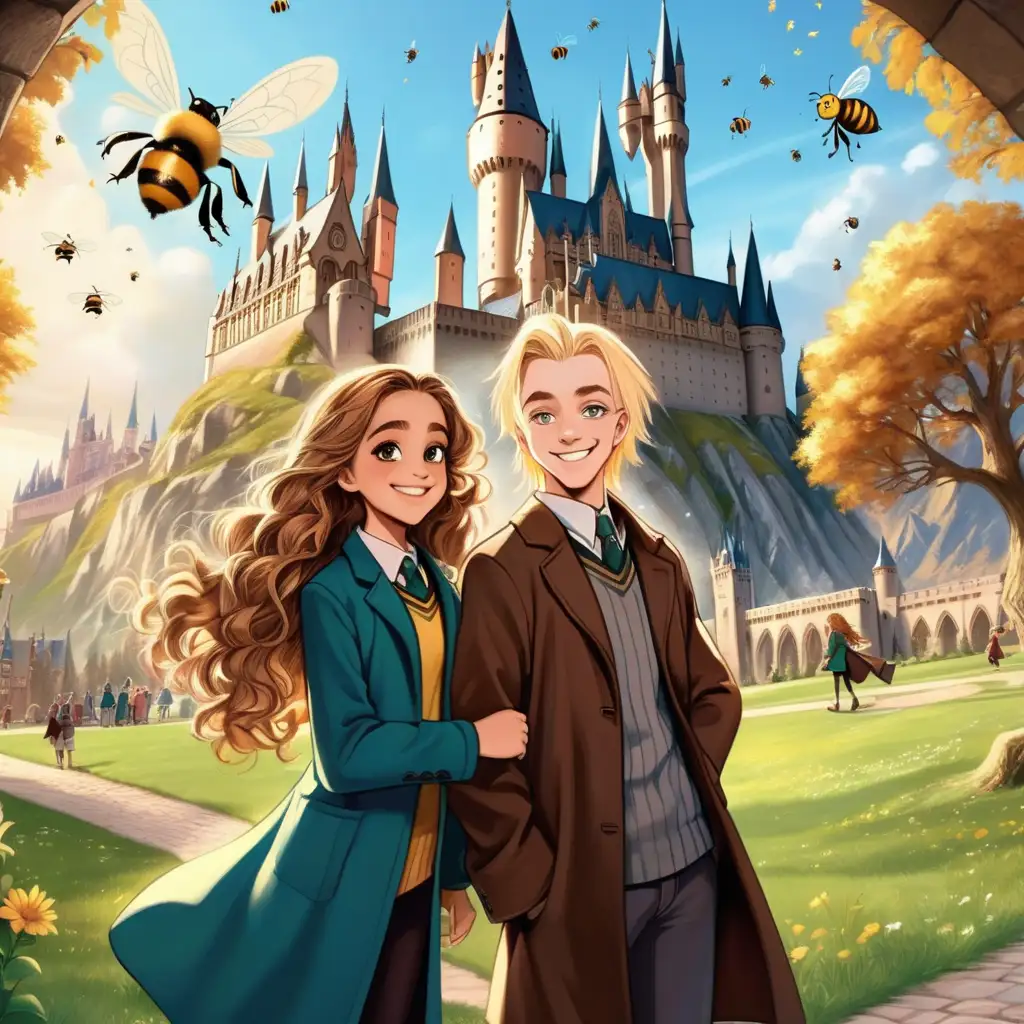 Sunny day, winter time, Hogwarts castle, Draco Malfoy smiling, Hermione Granger smiling with dark curly long hair, back-to-back, in front of castle, bees flying over their heads, in a Disney style