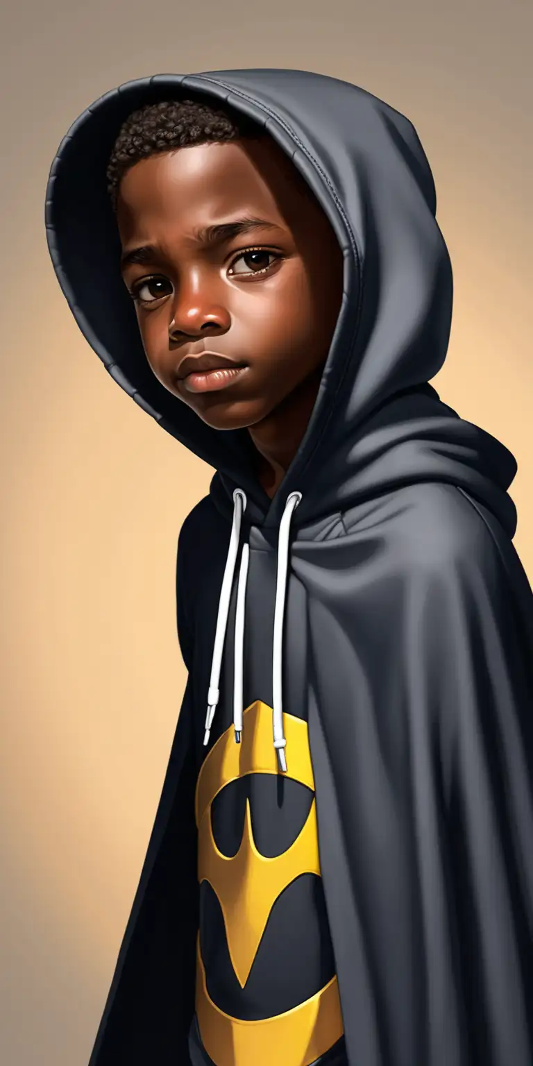 an 11 year old black skin boy who wears cape with hoodie