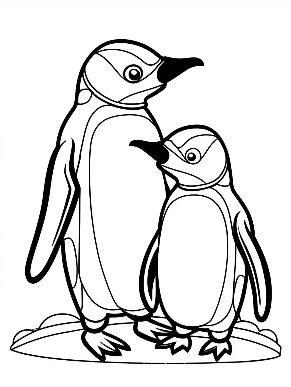 cute Penguin chick with his son for kids, Coloring Page, black and white, line art, white background, Simplicity, Ample White Space. The background of the coloring page is plain white to make it easy for young children to color within the lines. The outlines of all the subjects are easy to distinguish, making it simple for kids to color without too much difficulty
