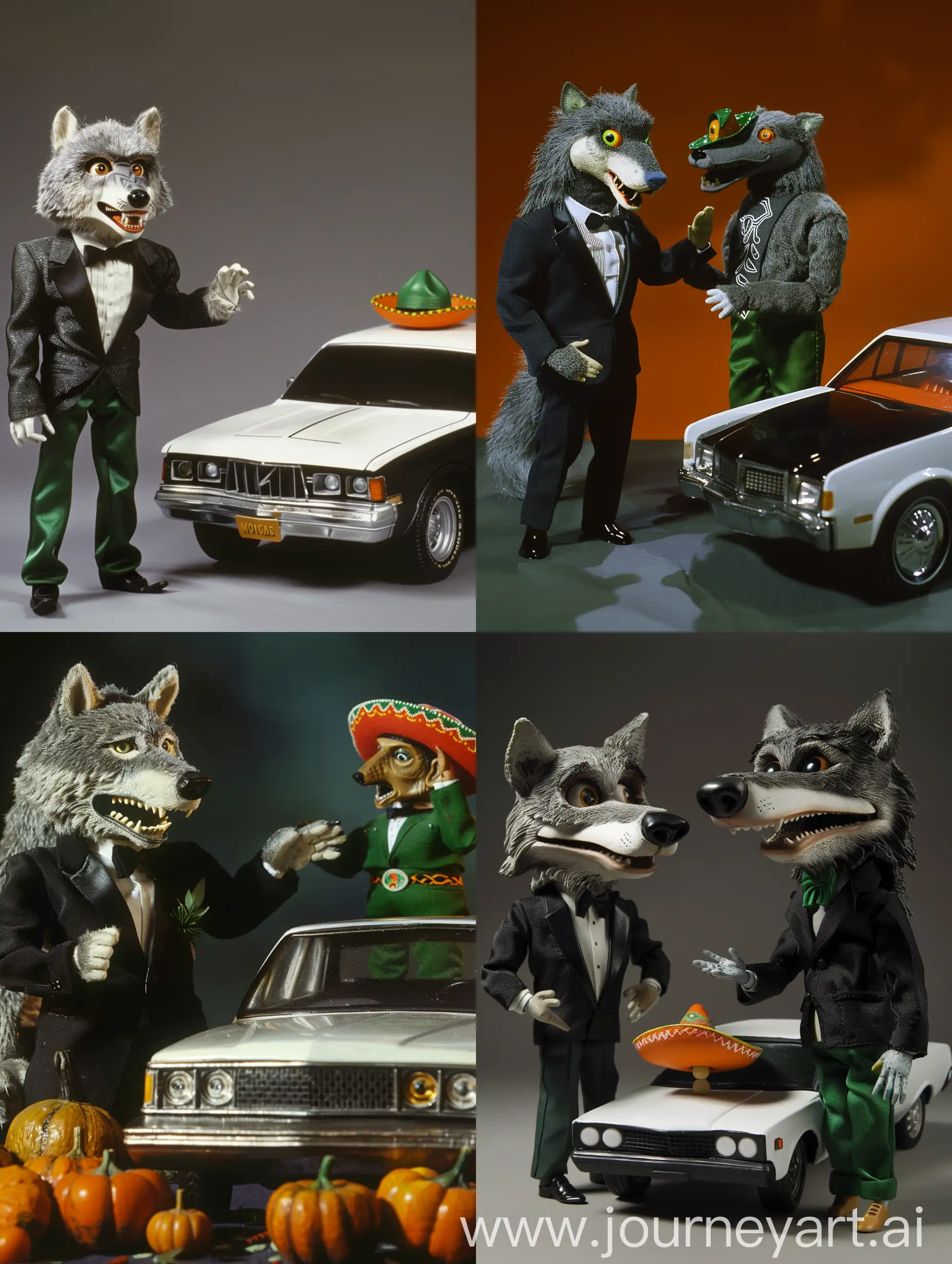 Dvd screengrab, 80s horror fantasy, realistic, friendly grey wolf animatronic with a tuexido suit and animatronic black and white car with dark green pants, green and orange sombrero and eyes talking to eachother 
