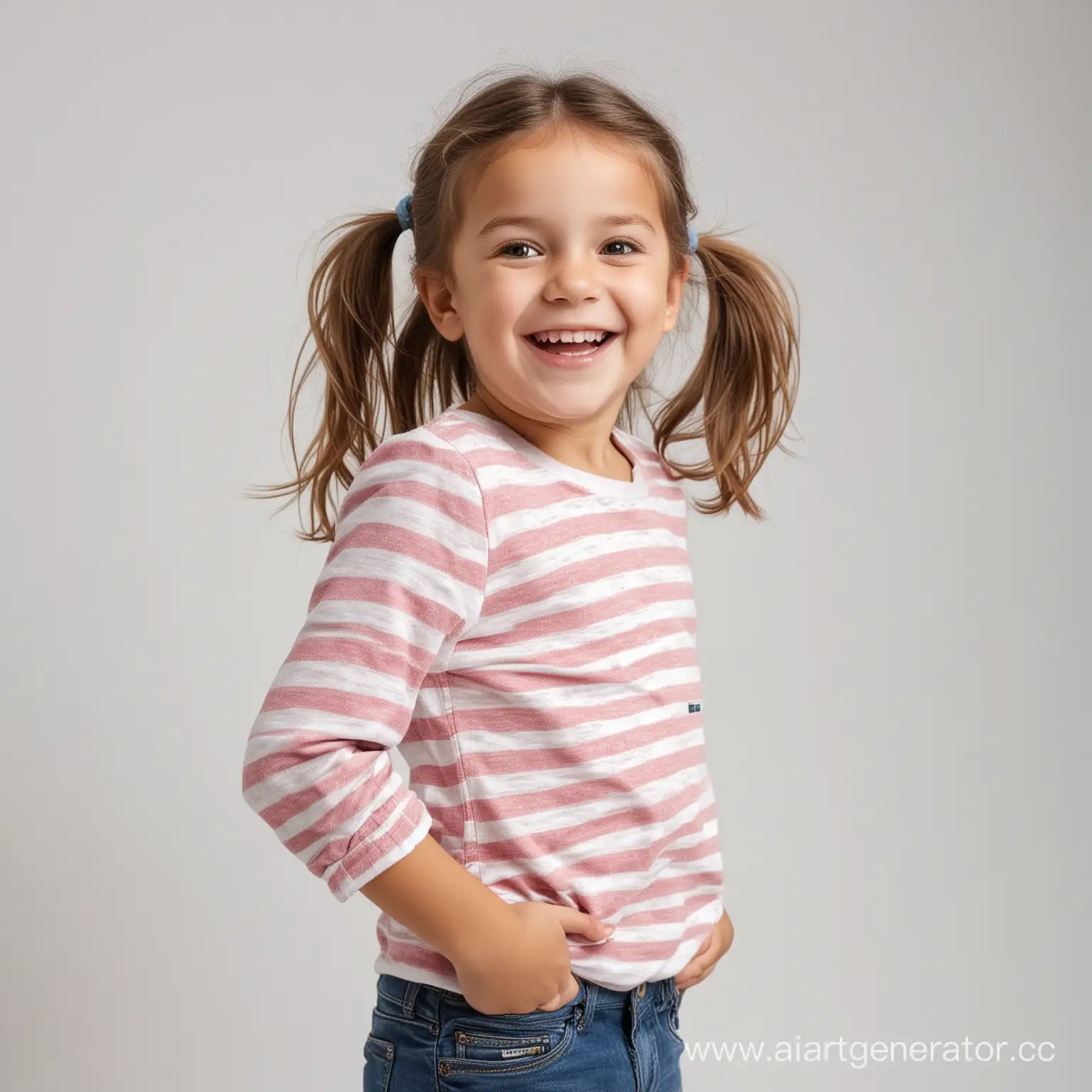 a happy 5 year old girl in casual clothes on the white background