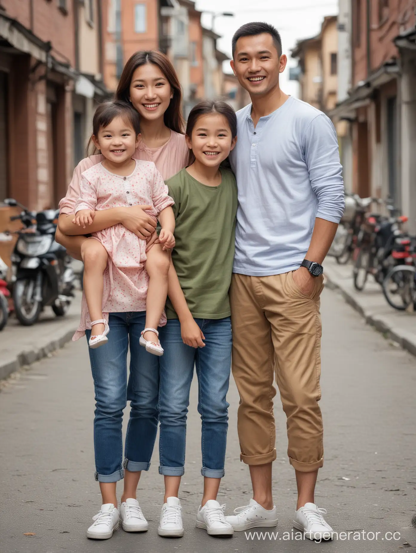 Happy-Bashkir-Asian-Family-of-Four-Smiling-Outdoors