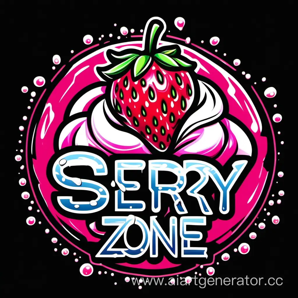 логотип "Sberry ZONE", сочная клубника обмакнутая во взбитые сливки, взбитые сливки  стекают каплями по клубнике, стиль киберпанк, мультяшность, сексуальность, на черном фоне