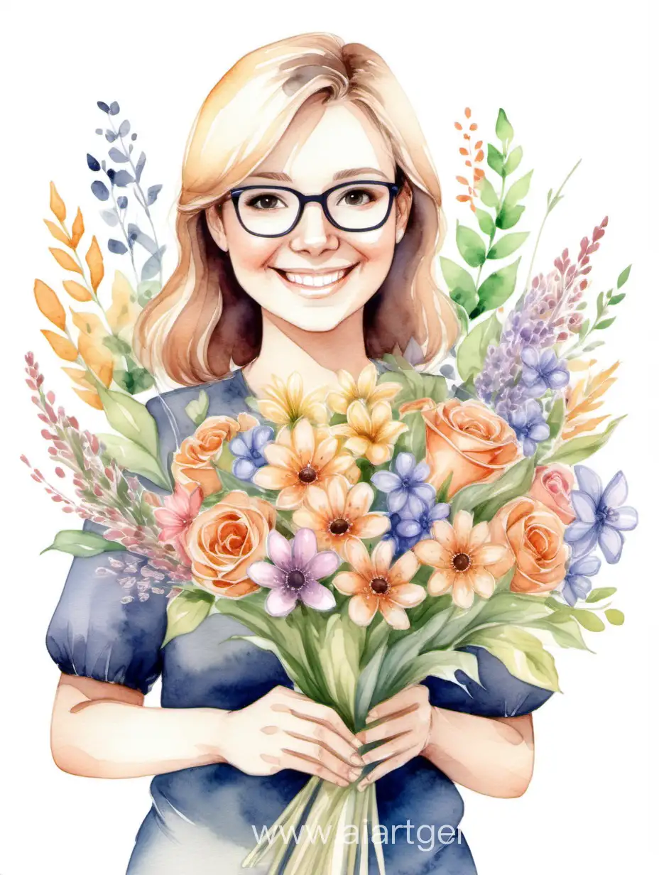 Smiling-Teacher-Holding-Beautiful-Bouquet-of-Flowers-in-Detailed-Watercolor-Art