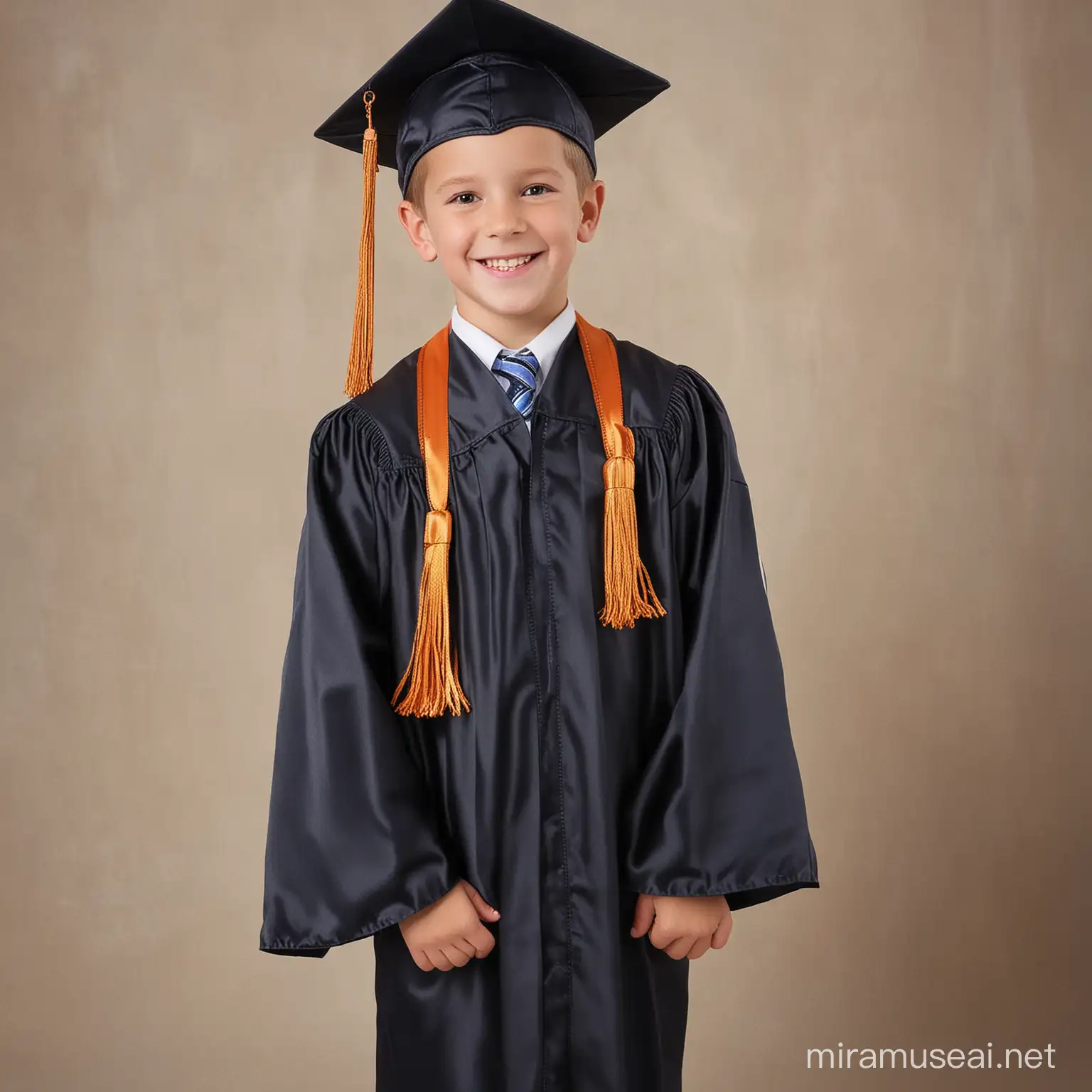 create an kindergartener graduate with cap and gown and smile. 