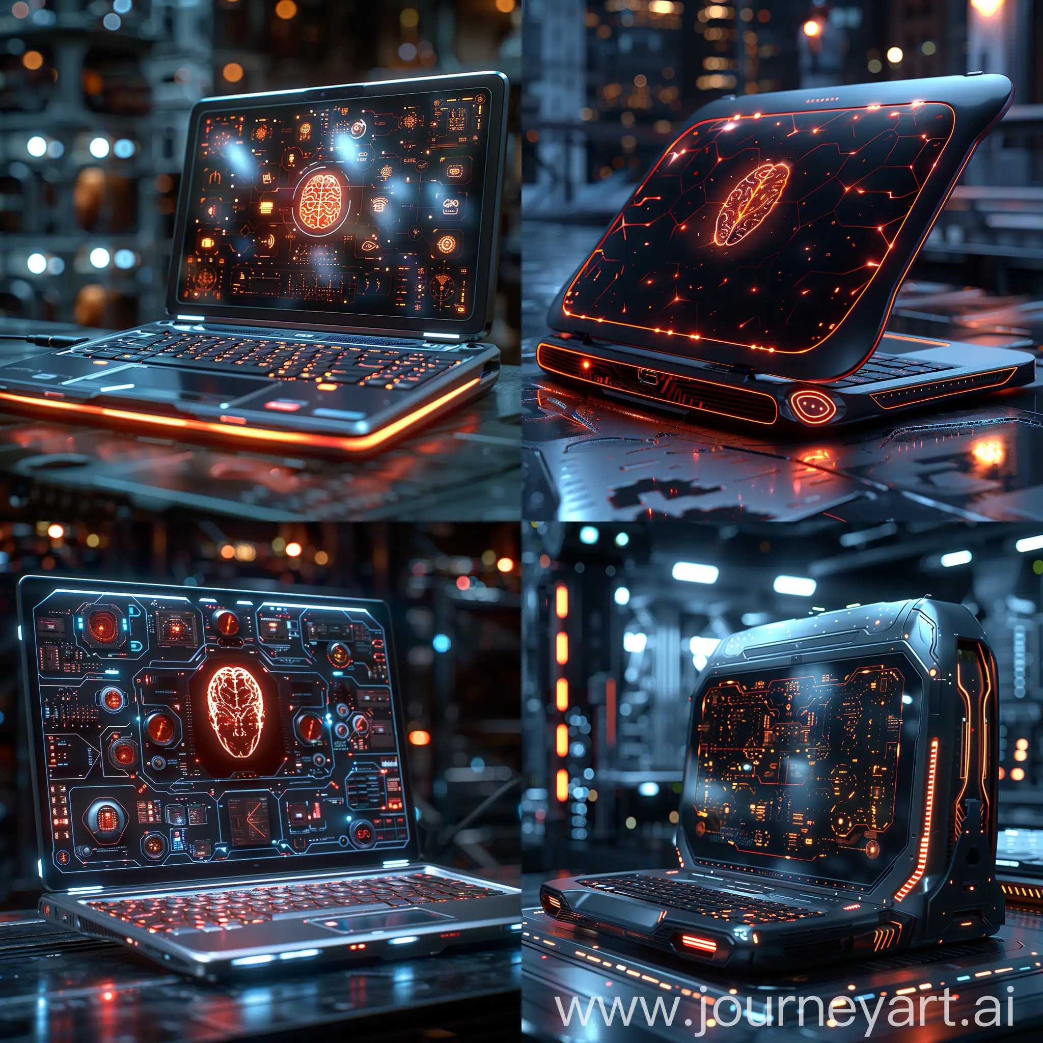 Futuristic laptop, morphing marvels, holographics interfaces, brain-computer interfaces, AI assistants on steroids, enhanced reality integration, self-powered and sustainable, ultra-fast connectivity, security with a thought, octane render --stylize 1000