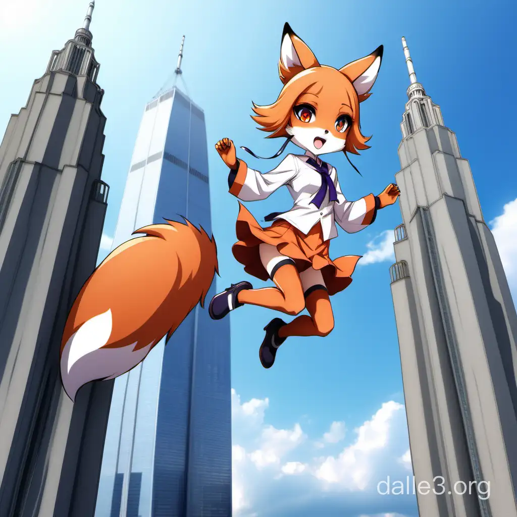 senko cute anime fox girl jumping from twin towers