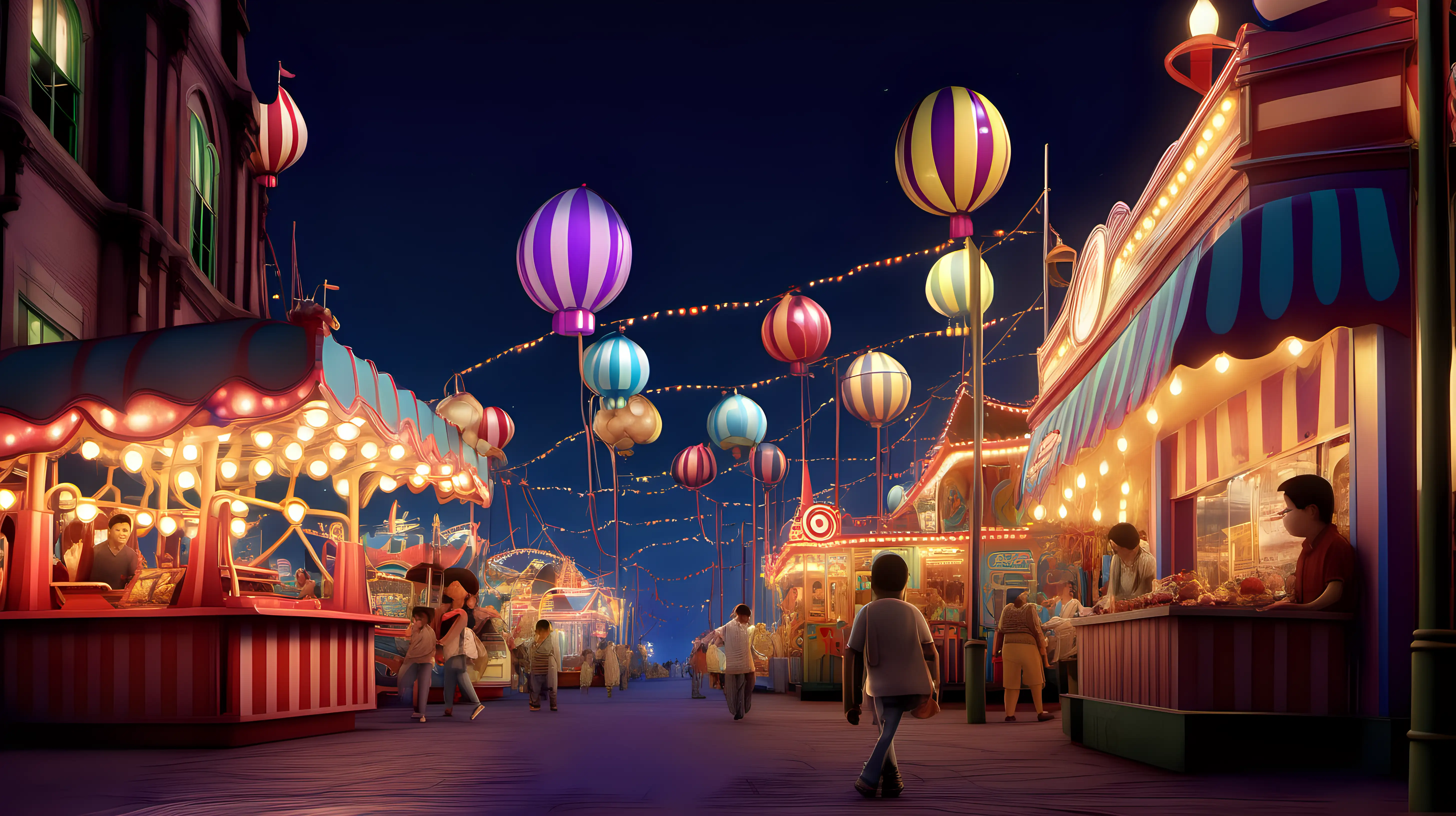 long side view of amusement park at night venders at night pixar style sidewalk street 

 

