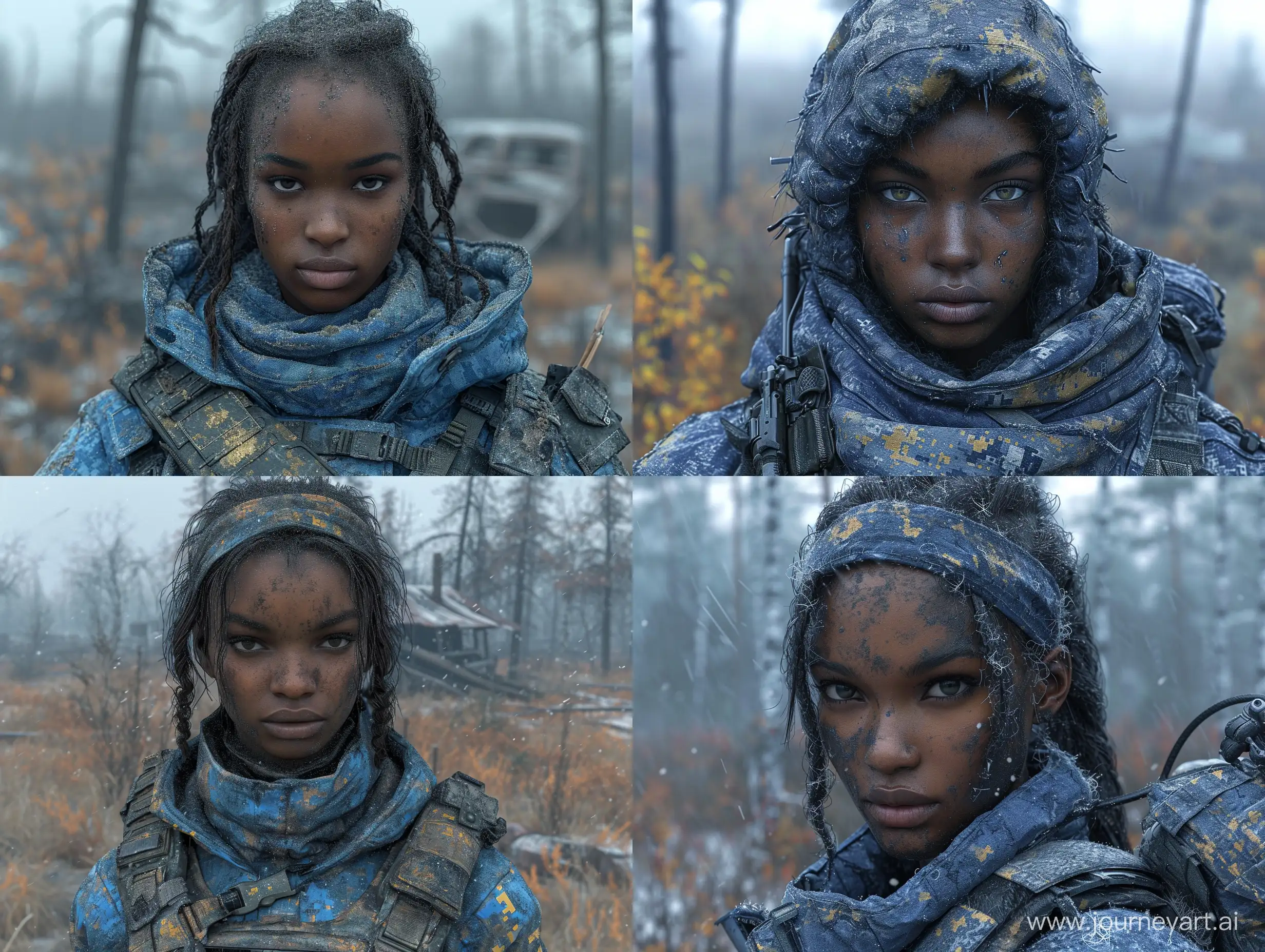 Beautiful dark skin female mercenary in videogame S.T.A.L.K.E.R black tactical equipment darkblue digital camo dead city dead trees --s 999 --style raw --v 6