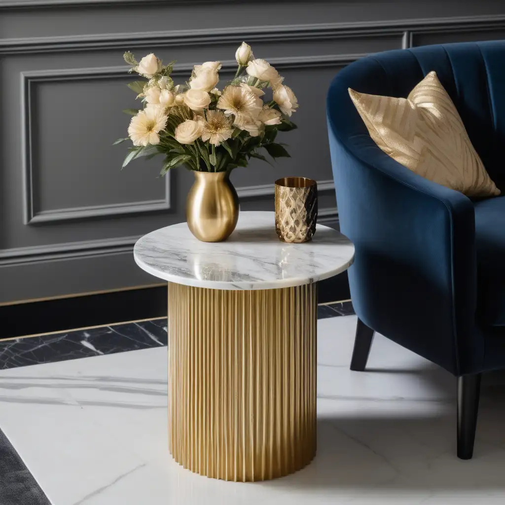 A product photography picture of a gold side table with fluted base with a marble pattern table top in the centre of a contemporary living room with a vase of flowers on top of it.