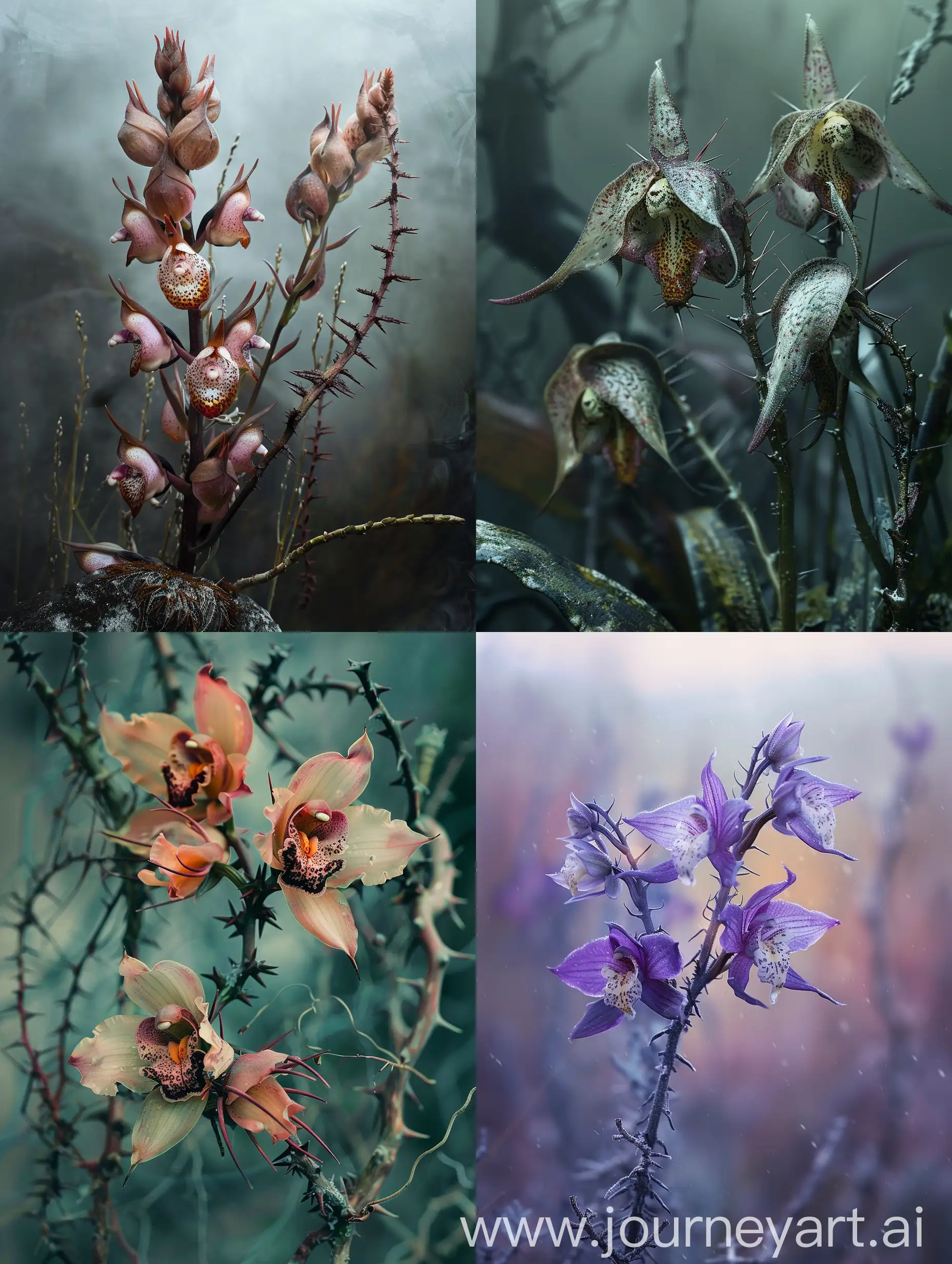 Дикие орхидее, дикая природа, фэнтези атмосфера, ядовитые цветы с шипами  