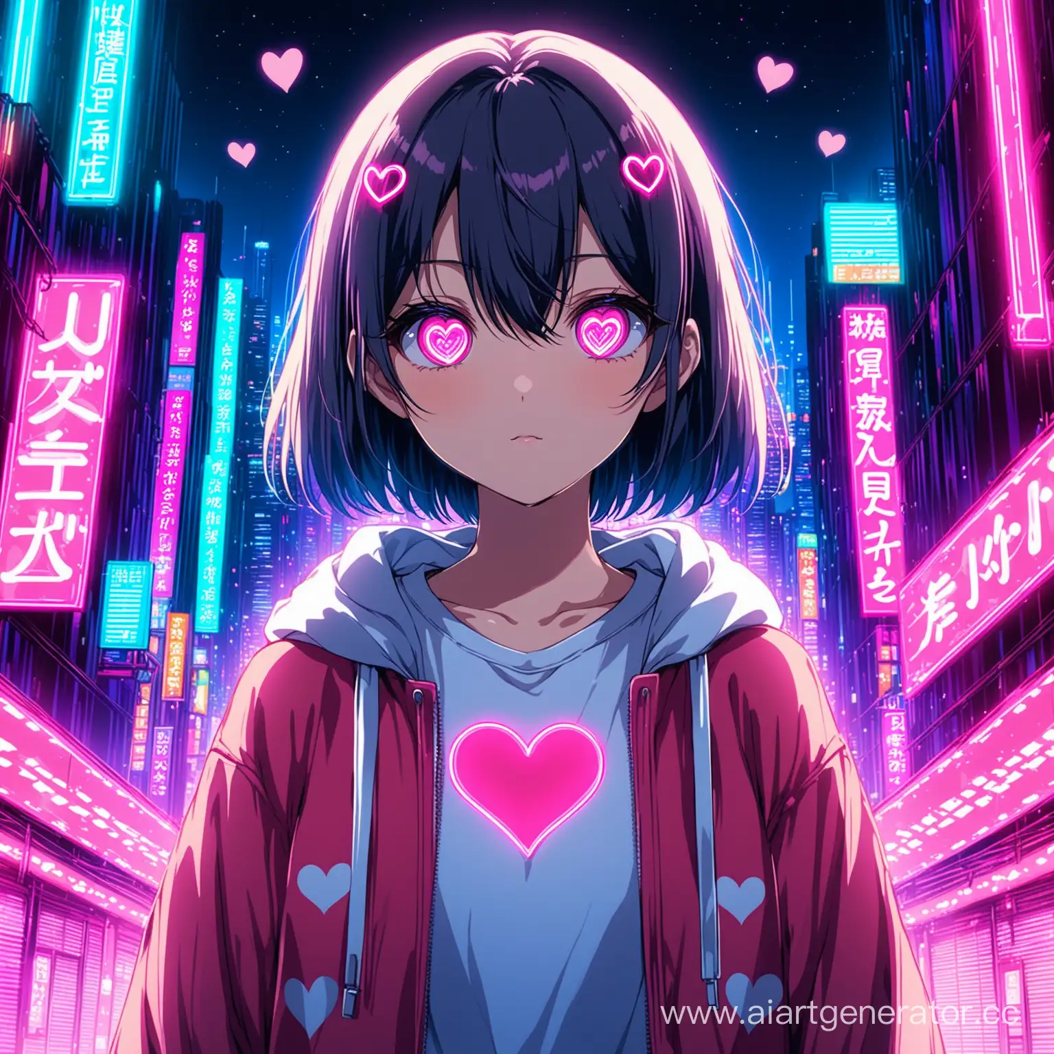 Anime girl with hearts in her eyes, standing in front of a neon city