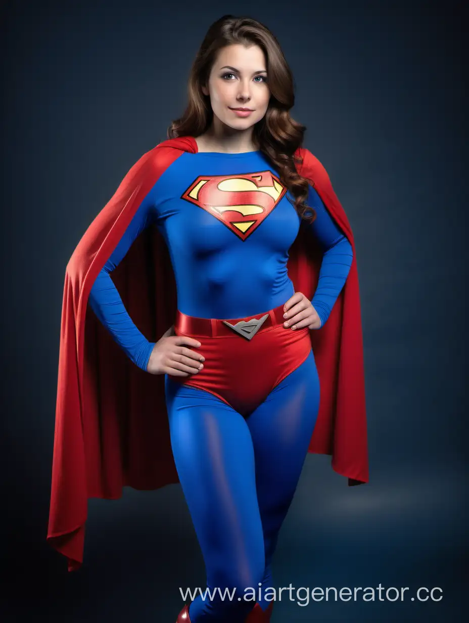 A pretty woman with brown hair, age 26, she is confident and strong. She is wearing a Superman costume with (blue leggings), (long blue sleeves), red briefs, and a long flowing cape. She is posed like a superhero, strong and powerful. Bright photo studio.