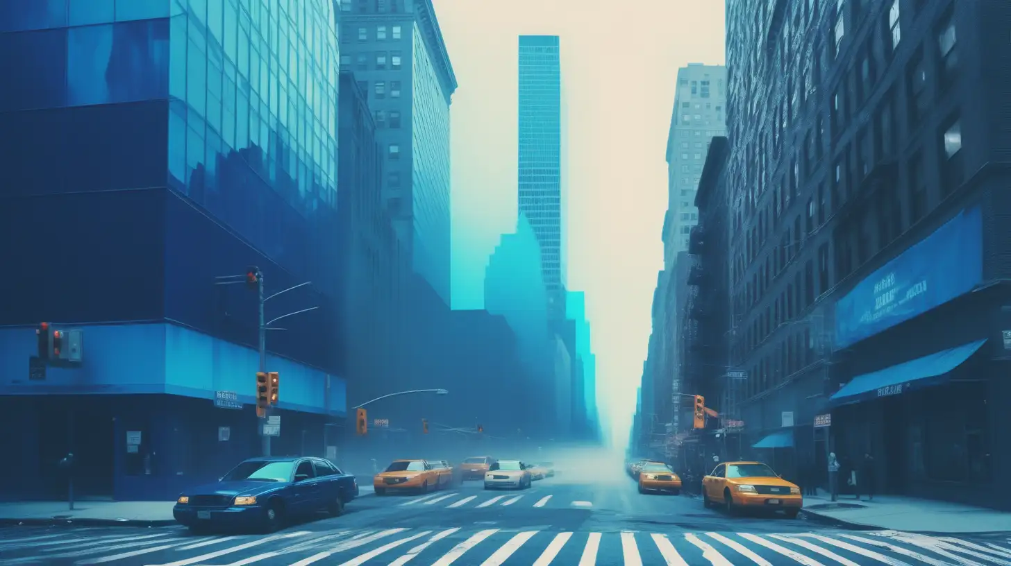 New York street veiw in the style of analog video effects, Blue sea colors, little bit foggy, realistic, emotive portraits, glitch aesthetic, long exposure, modern futuristic buildings, wide front angle shot, navy chromatic waves behind, split toning --ar 9:16 --v 5.6