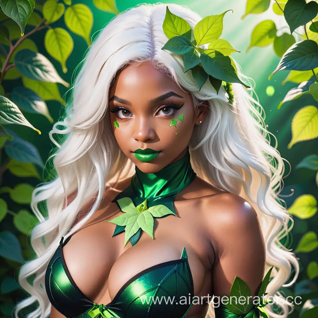 Young black female with long white hair dressed as sexy poison ivy 