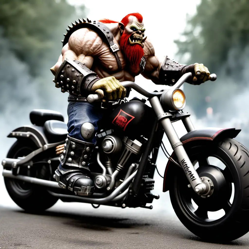 Orgrim Doomhammer on a harley davidson motorcycle.