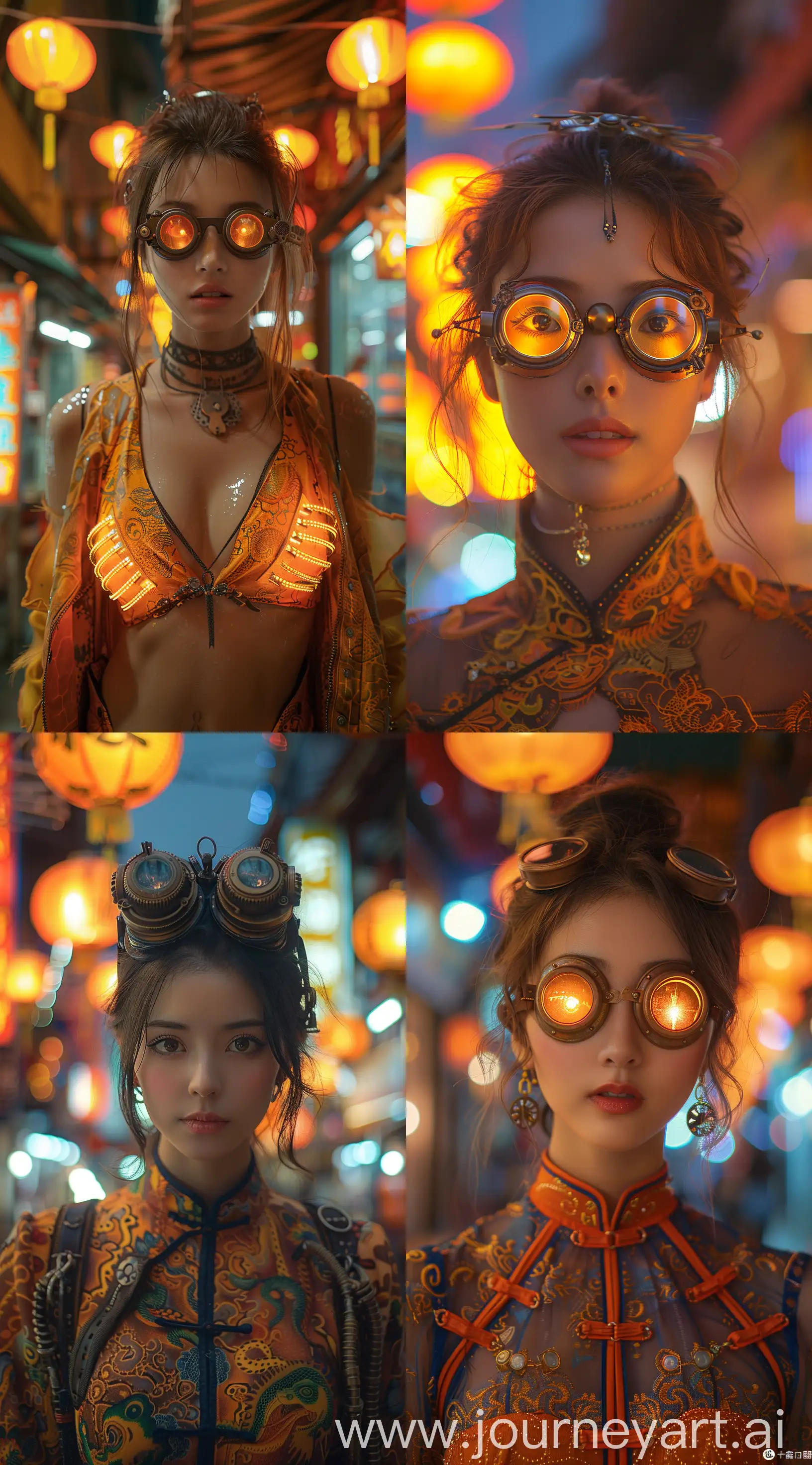 woman in steampunk street fashion, city lights, night, goggles, yoko yamashita, in the style of futuristic optics, yellow and orange, fujifilm gw690iii, chinese cultural themes, uhd image, aesthetic, cobra --ar 24:43 --stylize 750 --v 6