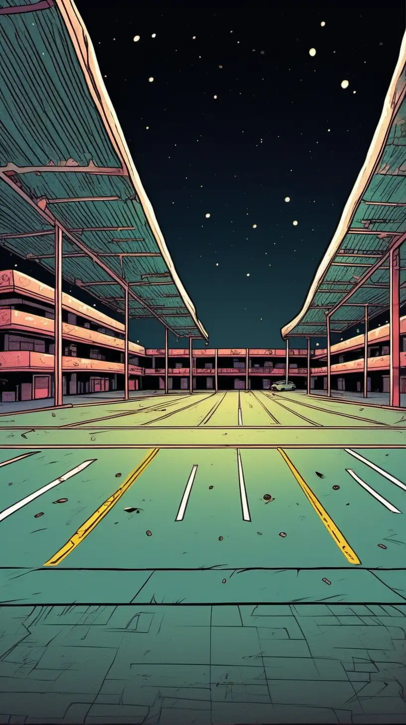cartoony,  color.  Wide shot of a large empty parking lot at night