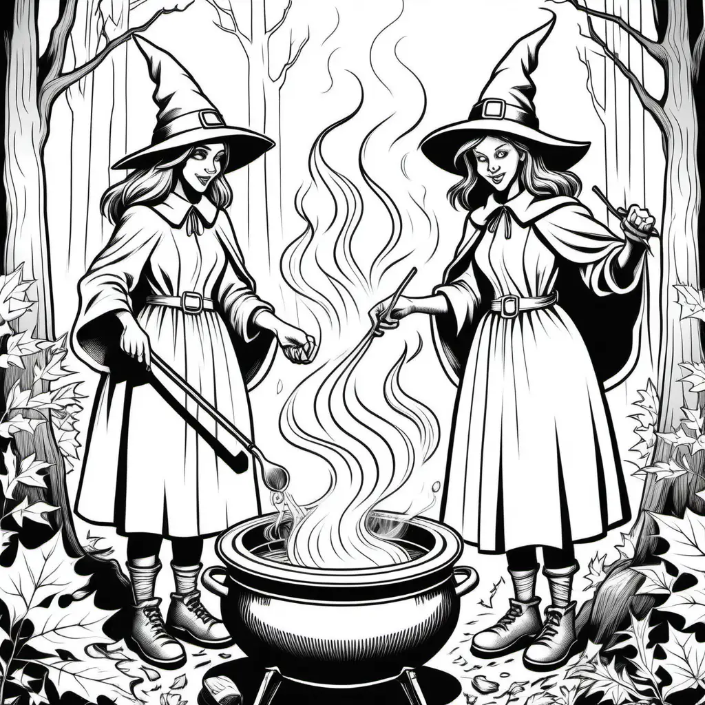 simple black and white coloring book illustration of two older teenagers in witch costumes, stirring boiling cauldron pot in forest