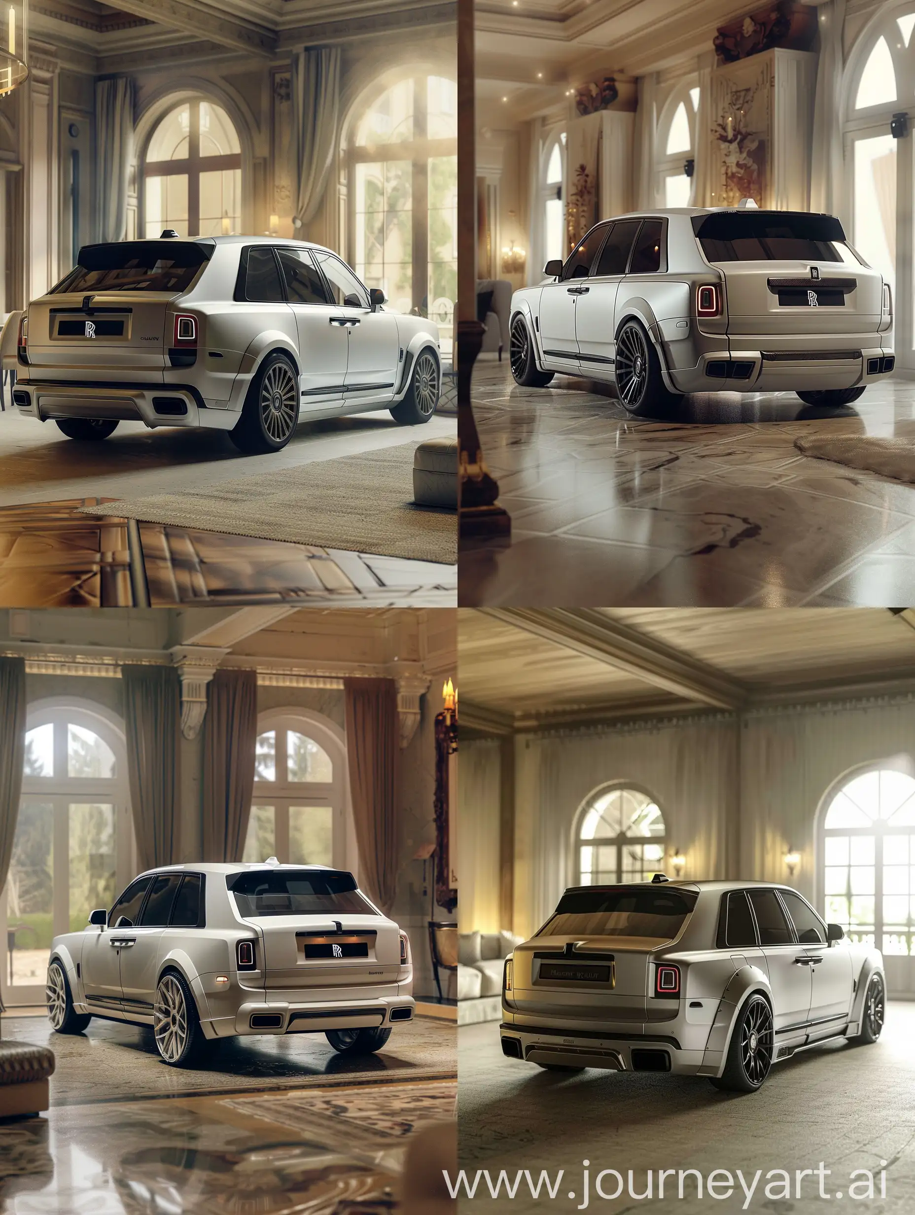 Generate a realistic photo,back view, mansory rolls royce cullinan, body kit, inside a beatiful living room, drama CAMERA HAZE, BLUR, Magazine LUT, HIGH RESOLUTION. as a decorative object, real size