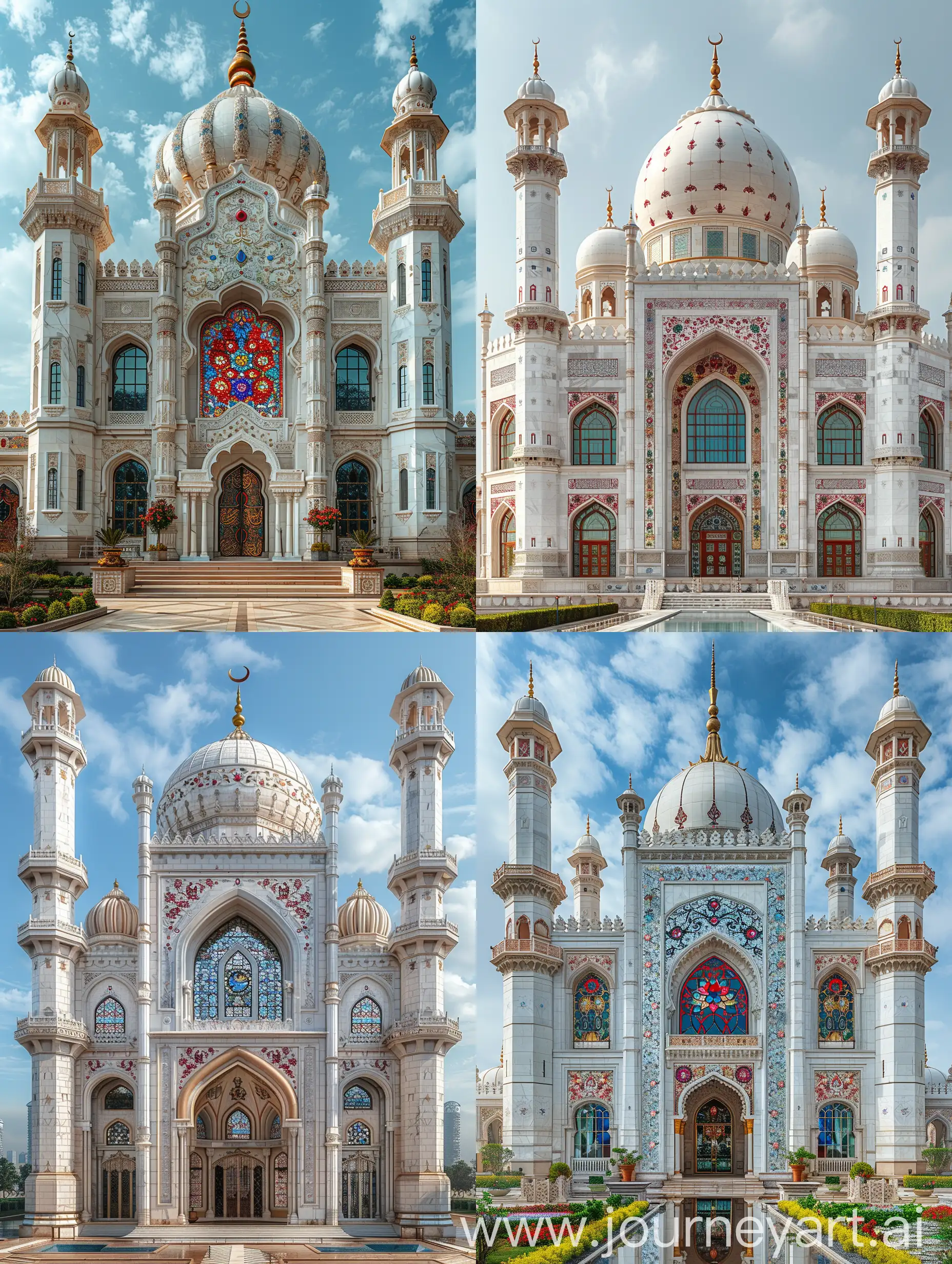a Gurudwara style Mughal mosque, White marbled exterior, tall iwan, stained glass windows, red blue persian floral motifs on spandrels, red blue gems and rubies embedded on arabesque ornaments, thin spires, full view, front view --s 999 --ar 3:4