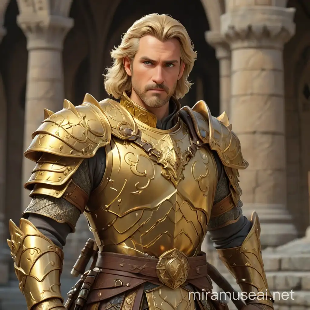 dungeons and dragons, blond haired, beardless, middle aged prince wearing gold detailed armor, background palace
