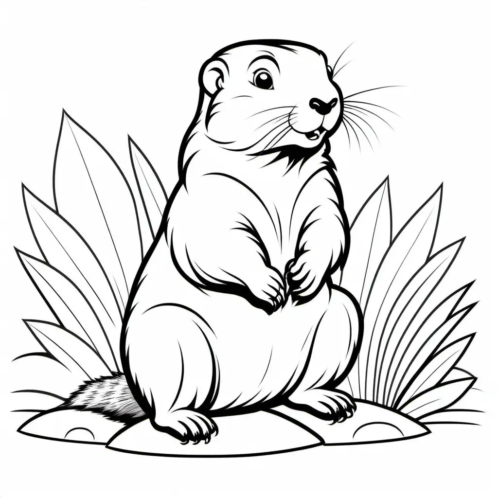 A cartoon illustration in black and white line art, of  a Marmot.  The style is cute Disney with soft lines and delicate shading. Coloring Page, black and white, line art, white background, Simplicity, Ample White Space. The background of the coloring page is plain white to make it easy for young children to color within the lines. The outlines of all the subjects are easy to distinguish, making it simple for kids to color without too much difficulty, Coloring Page, black and white, line art, white background, Simplicity, Ample White Space. The background of the coloring page is plain white to make it easy for young children to color within the lines. The outlines of all the subjects are easy to distinguish, making it simple for kids to color without too much difficulty