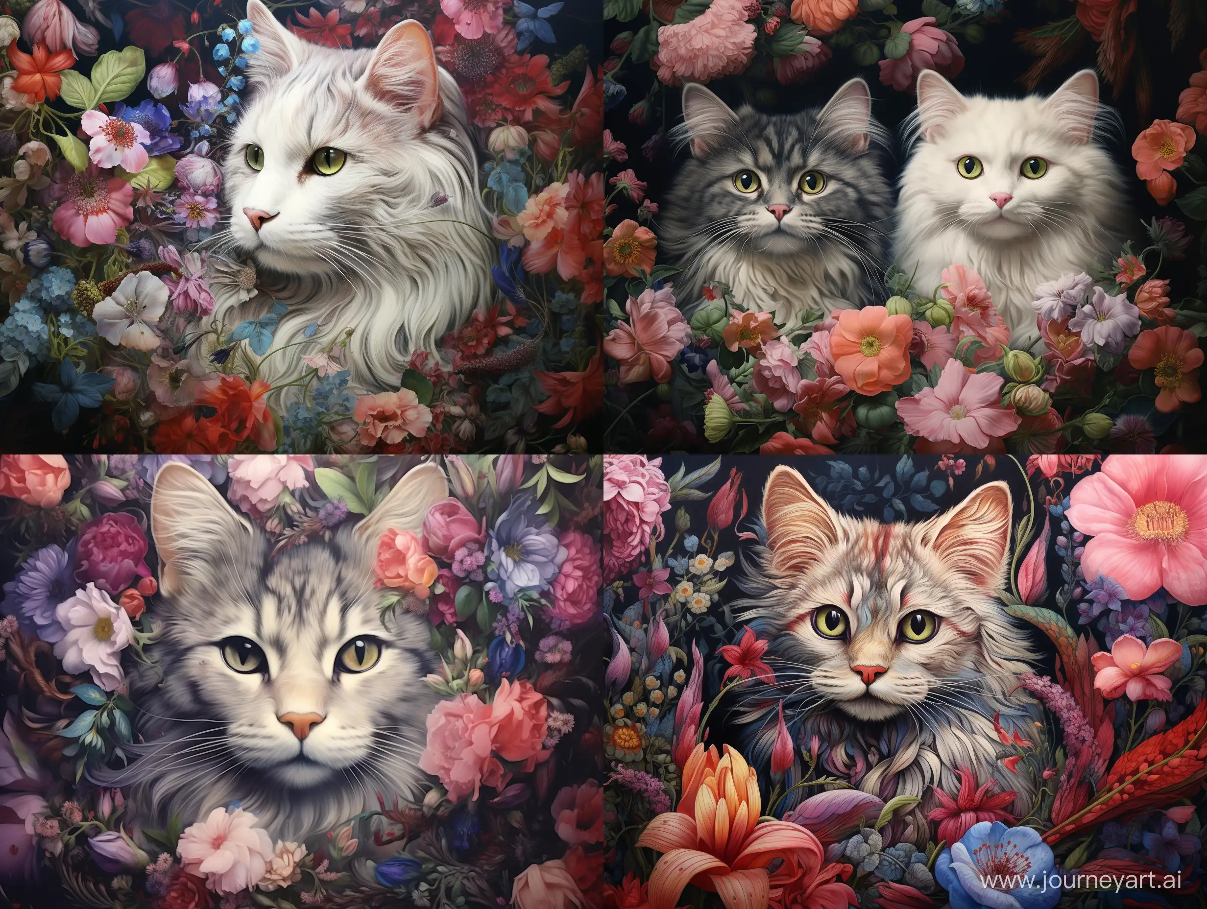 невероятные коты, цветы, ягоды, сложные детали, реалистично, пастельные тона