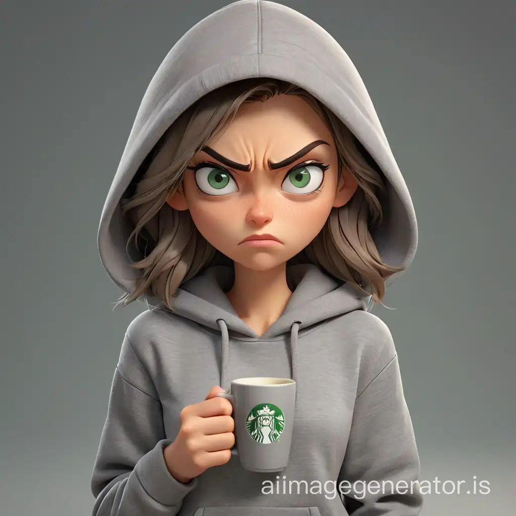 Sad woman in cartoon style, an evil angry arrogant face, gray-green eyes, whole body,  Wearing a grey hoodie, jeans, sneakers, full length, One hand in pocket, a coffee mug in the other, 3d modern cartoon style, maximum detail, best quality, HD, gorgeous light and shadow, detailed design, 3D quality