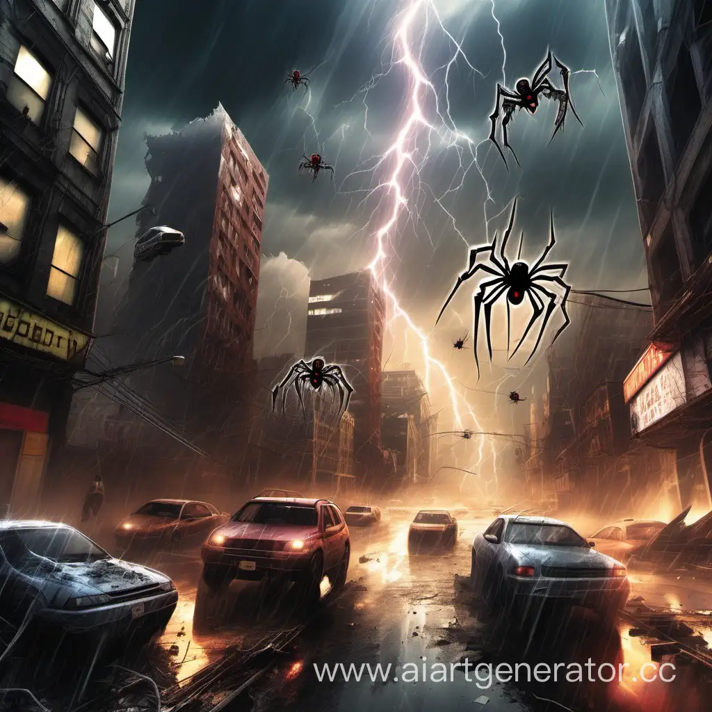 Разрушенный город, обломки машин, на улице сражаются пауки роботы, мелькают лазеры, из туч бьют молнии, 