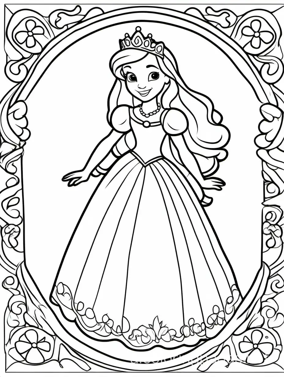 princess for kids, Coloring Page, black and white, line art, white background, Simplicity, Ample White Space. The background of the coloring page is plain white to make it easy for young children to color within the lines. The outlines of all the subjects are easy to distinguish, making it simple for kids to color without too much difficulty