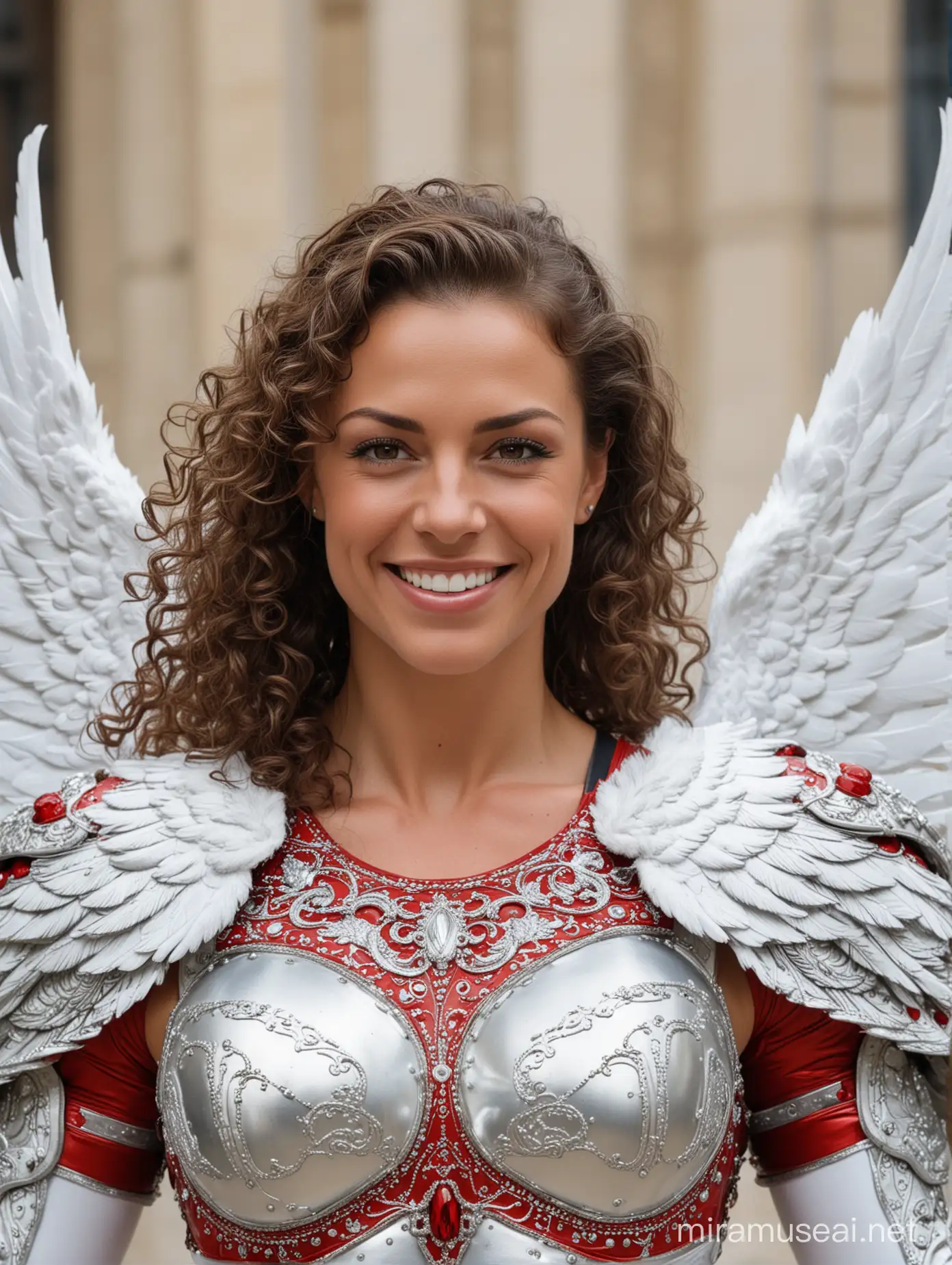 face of a muscled female Austrian bodybuilder, brunette long curly hair, smiles, huge white angel wings, platinum armor with red and white ornaments, silver breastplate with red ornaments, red metal bracers, Gloriette in Vienna, zoom, close-up