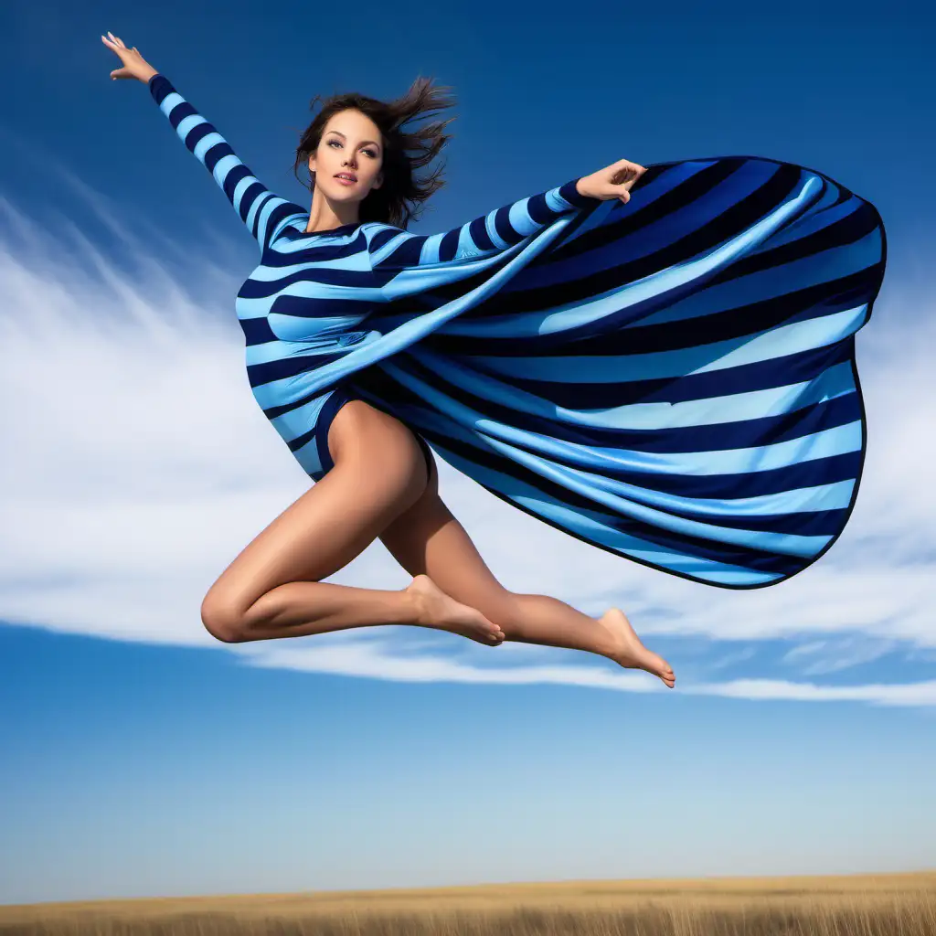 beautiful fit young woman, brunette, navy blue pacific blue horizontal horizontal stripes horiziontal striped costume, magic cape, flying in Nebraska sky, day