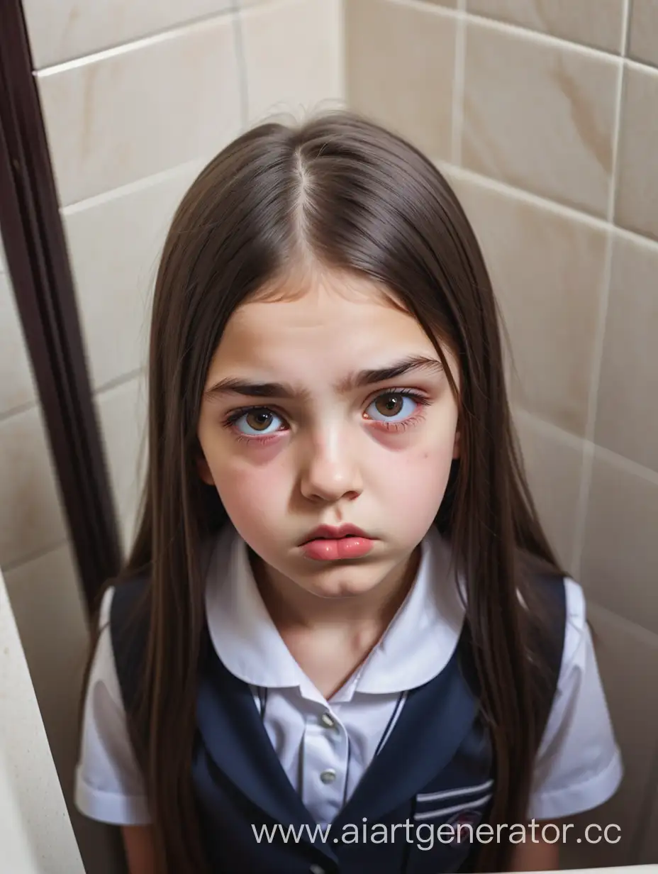 A girl. The girl wears a mini school uniform. 12 years old. Close-up. The photo taken from top. Toilet. Bird's eye view. Plump lips. Close up. Head top view. Close up. Soft make-up. She has long straight hair. The girl is sad. Turkish. The girl has a different face. 