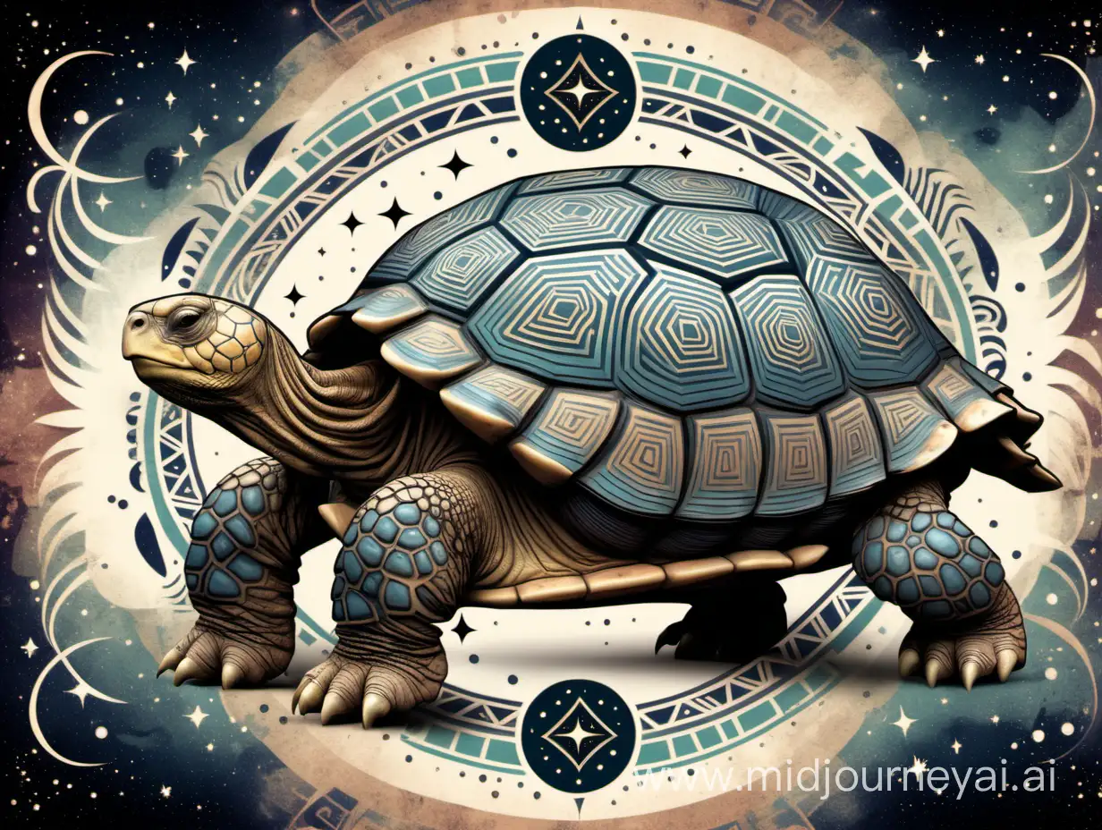 Tribal style Galapagos Tortoise with muted colours and astrological mythological vibe